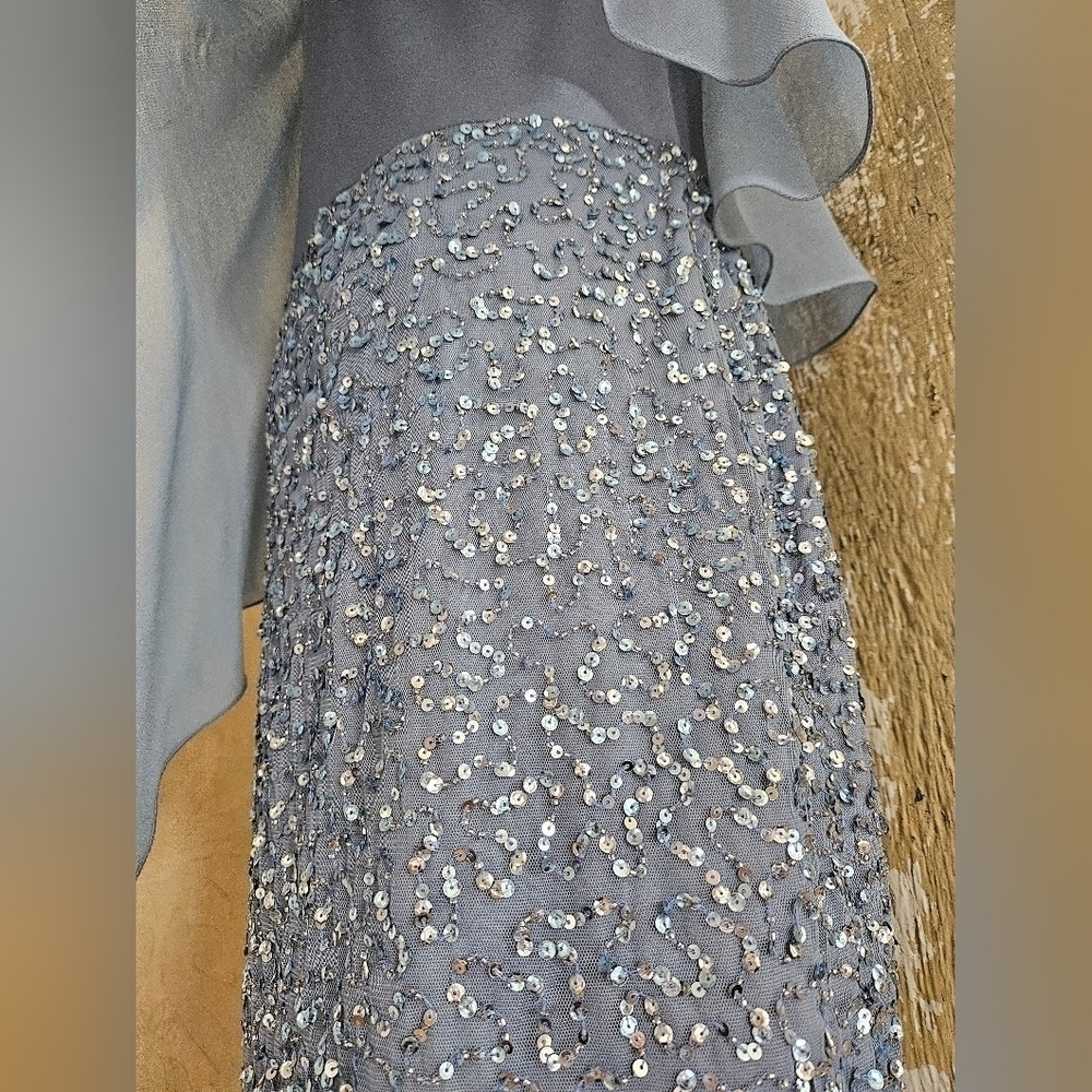 JKARA Blue Sequence Asymmetrical Cape/Shawl Flutter Sleeves Sheath Dress-Size 6P - Picture 4 of 9